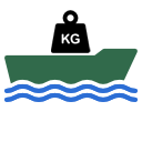 waga Ikona przedstawiająca wagę z poziomą podstawą w kolorze zielonym i niebieskim oraz pięciokątną formą w kolorze czarnym na górze.